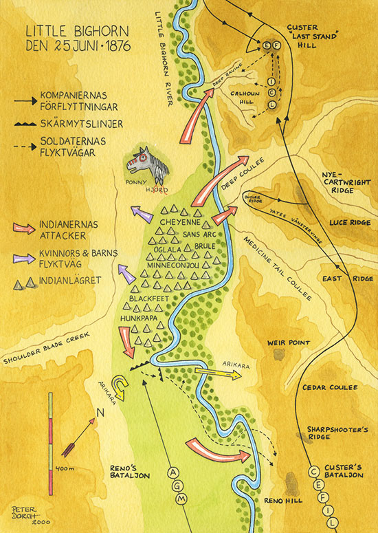 Karta över Little Bighorn slagfält i akvarell